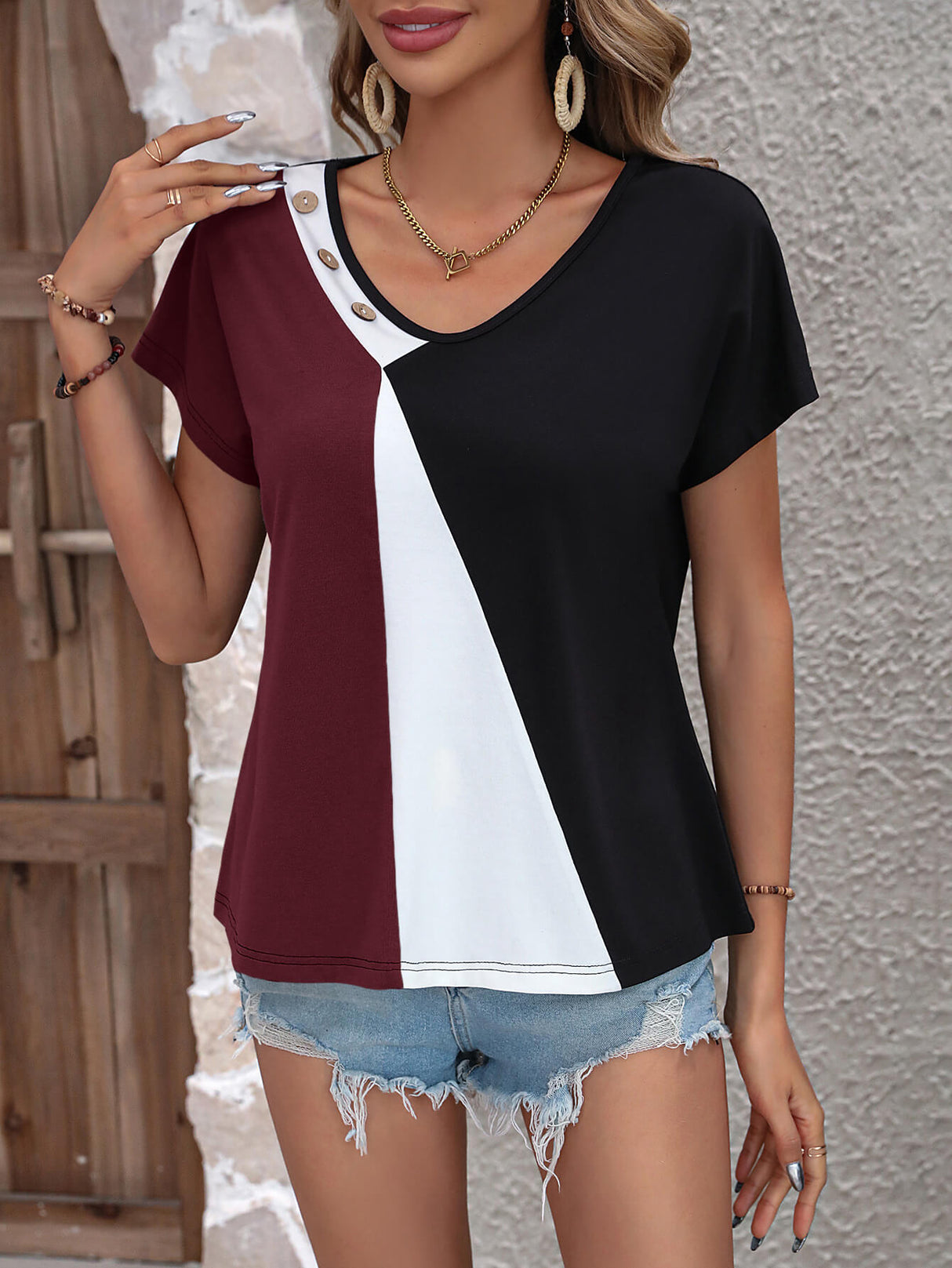 Color Block Decorative Button V-Neck Tee king-general-store-5710.myshopify.com