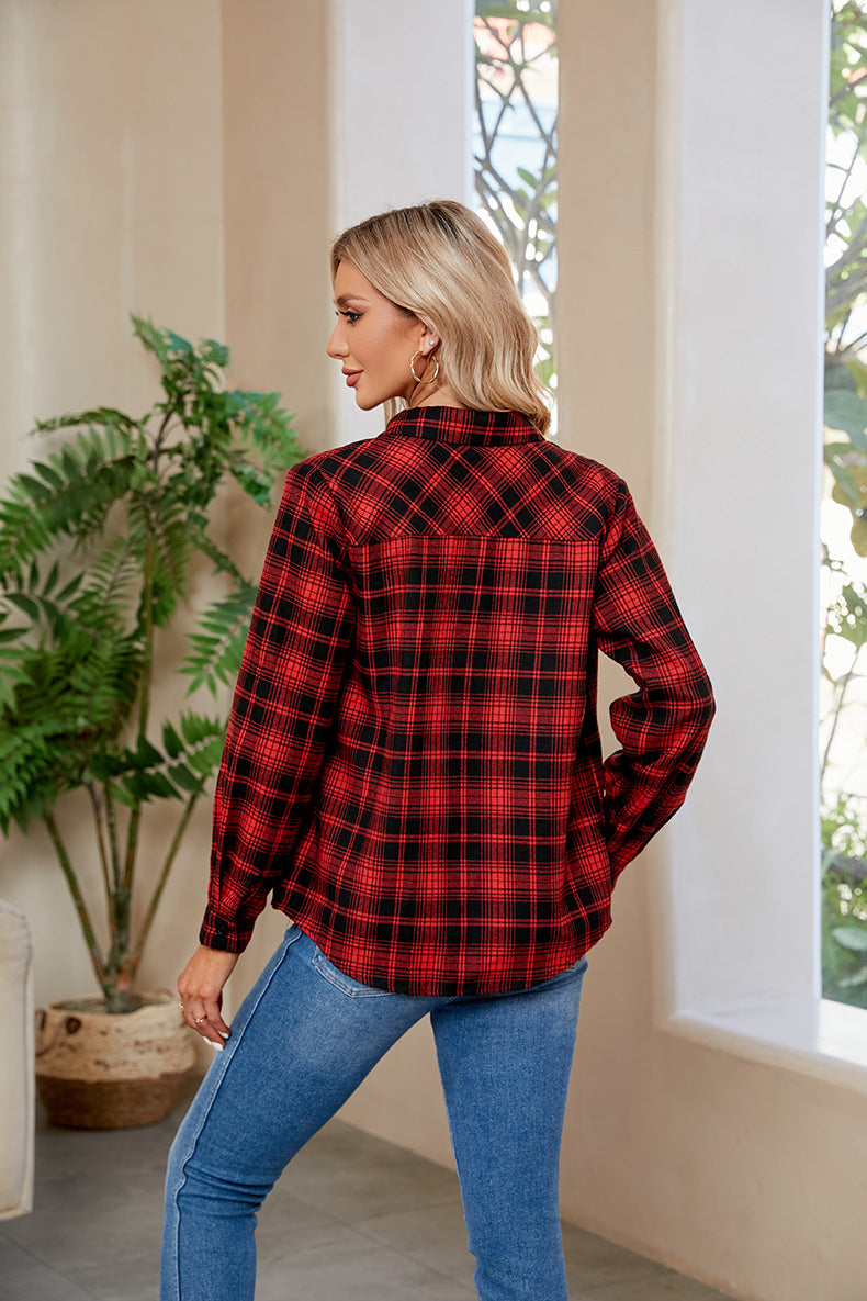 Plaid Curved Hem Long Sleeve Shirt king-general-store-5710.myshopify.com