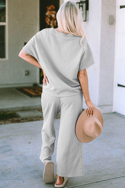 Double Take Full Size Texture Short Sleeve Top and Pants Set king-general-store-5710.myshopify.com