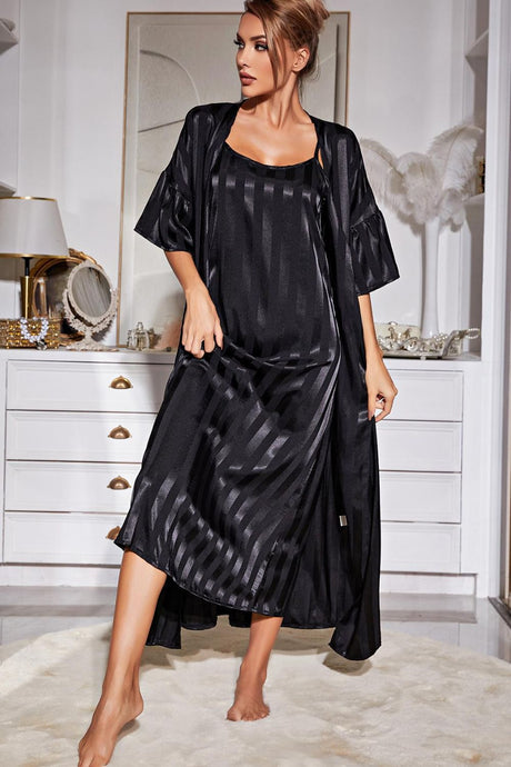 Striped Flounce Sleeve Open Front Robe and Cami Dress Set king-general-store-5710.myshopify.com