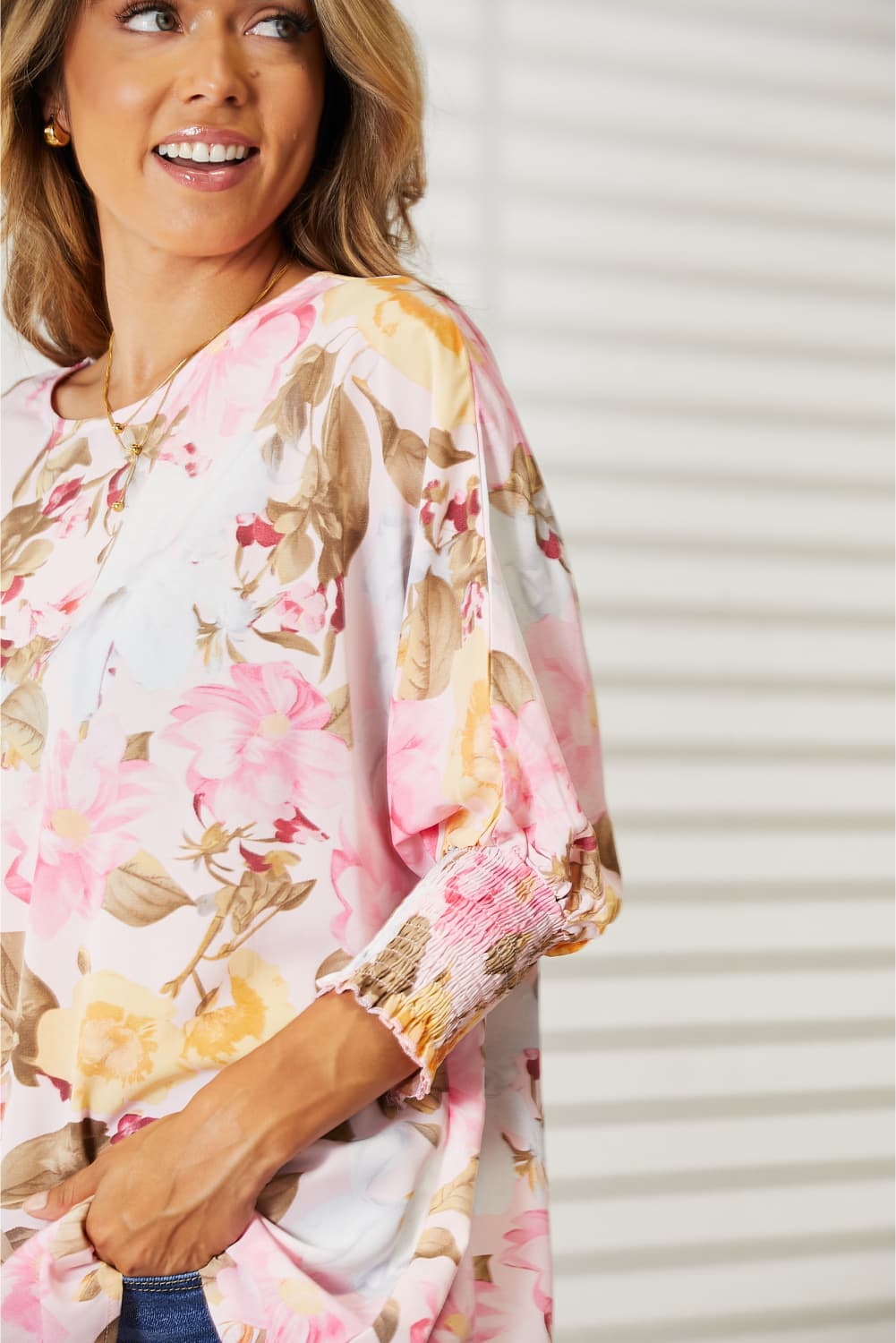 Double Take Floral Round Neck Three-Quarter Sleeve Top king-general-store-5710.myshopify.com