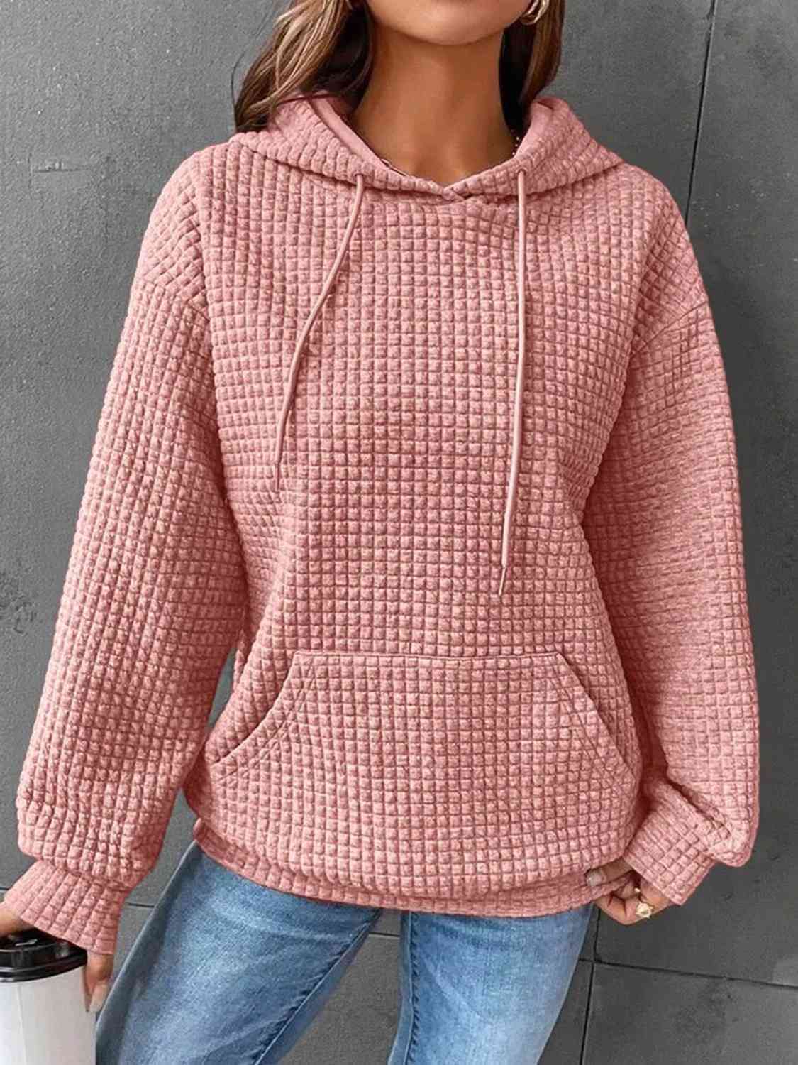 Textured Drawstring Drop Shoulder Hoodie king-general-store-5710.myshopify.com