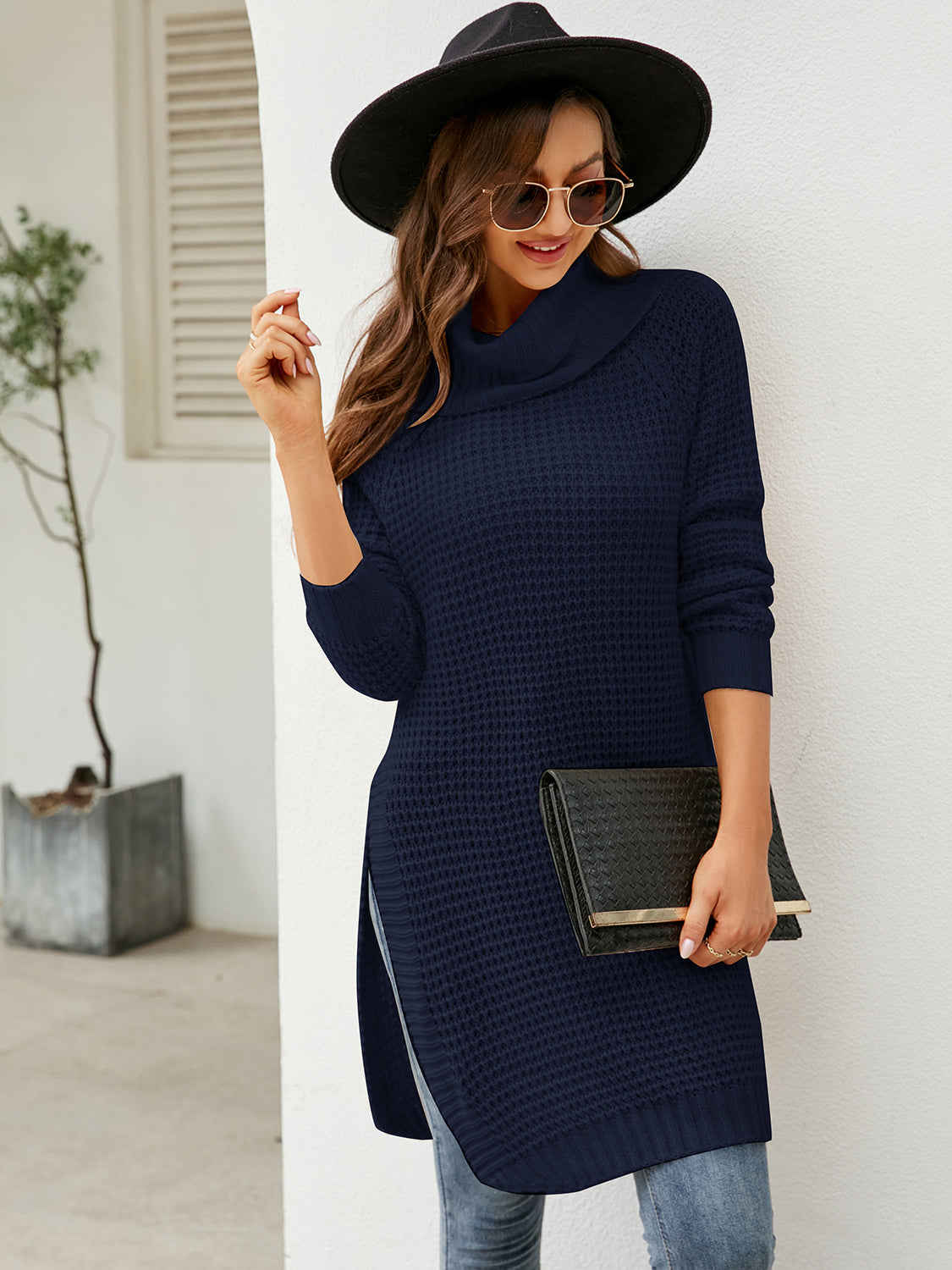 Turtleneck Waffle-Knit Slit Sweater Dress king-general-store-5710.myshopify.com