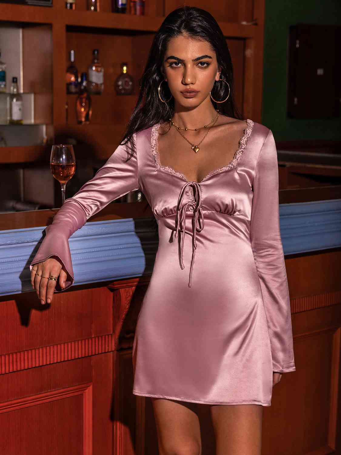 Tied Sweetheart Neck Long Sleeve Night Dress king-general-store-5710.myshopify.com
