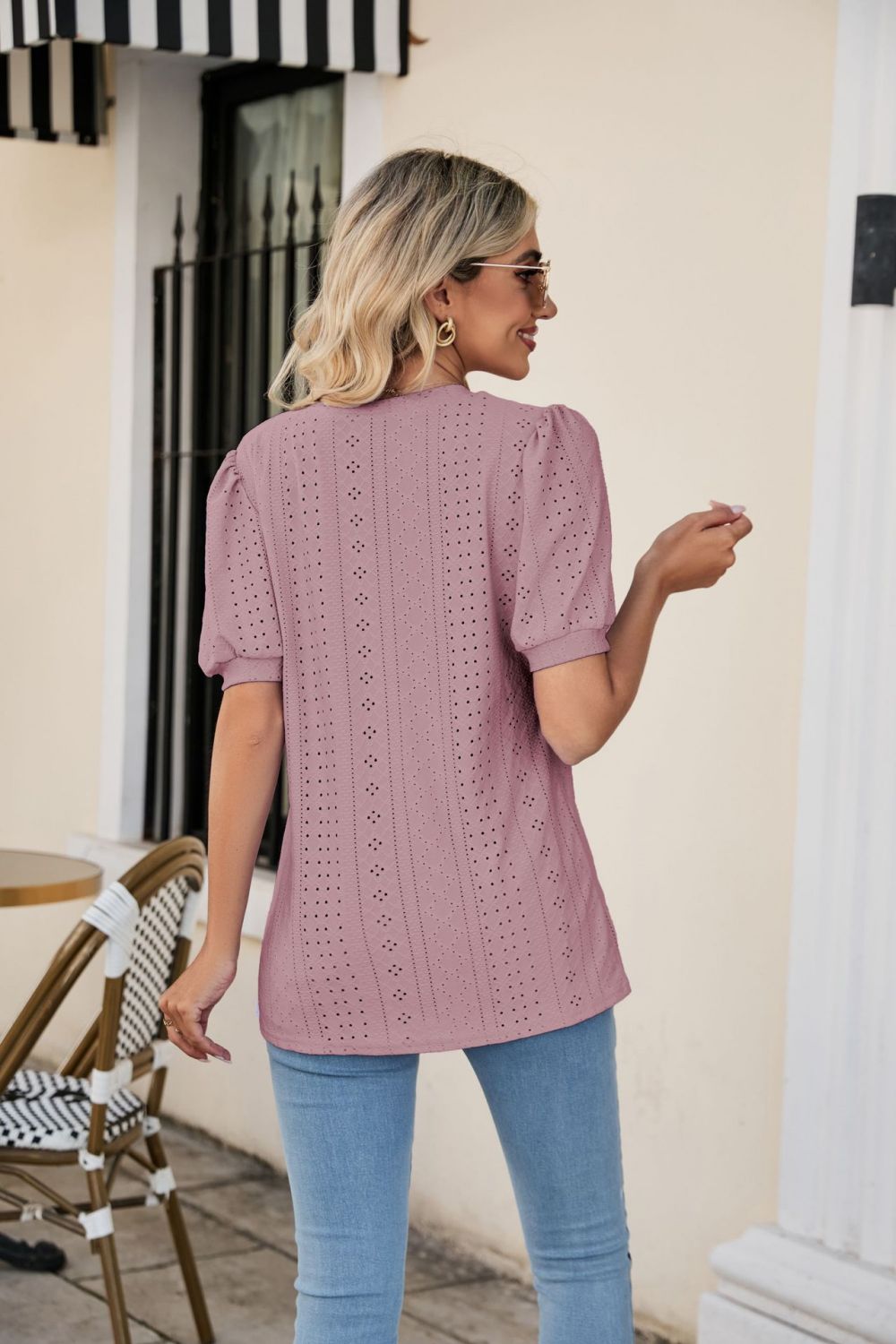 Eyelet Puff Sleeve V-Neck Top king-general-store-5710.myshopify.com