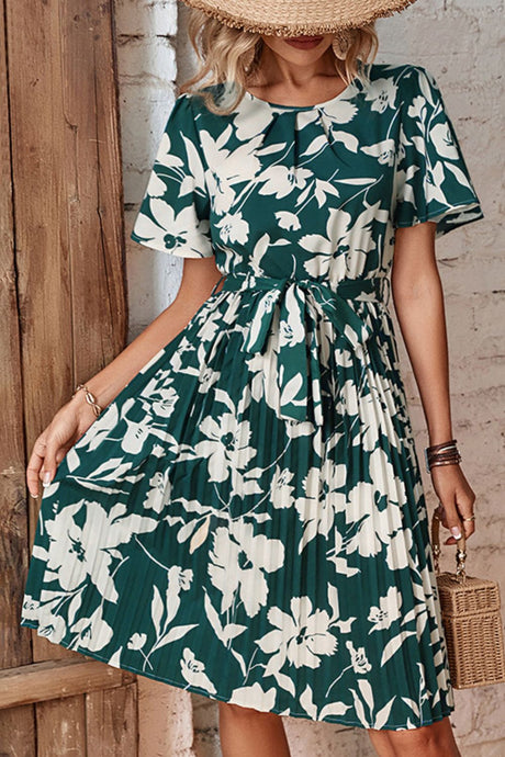 Floral Round Neck Tie Belt Pleated Dress king-general-store-5710.myshopify.com
