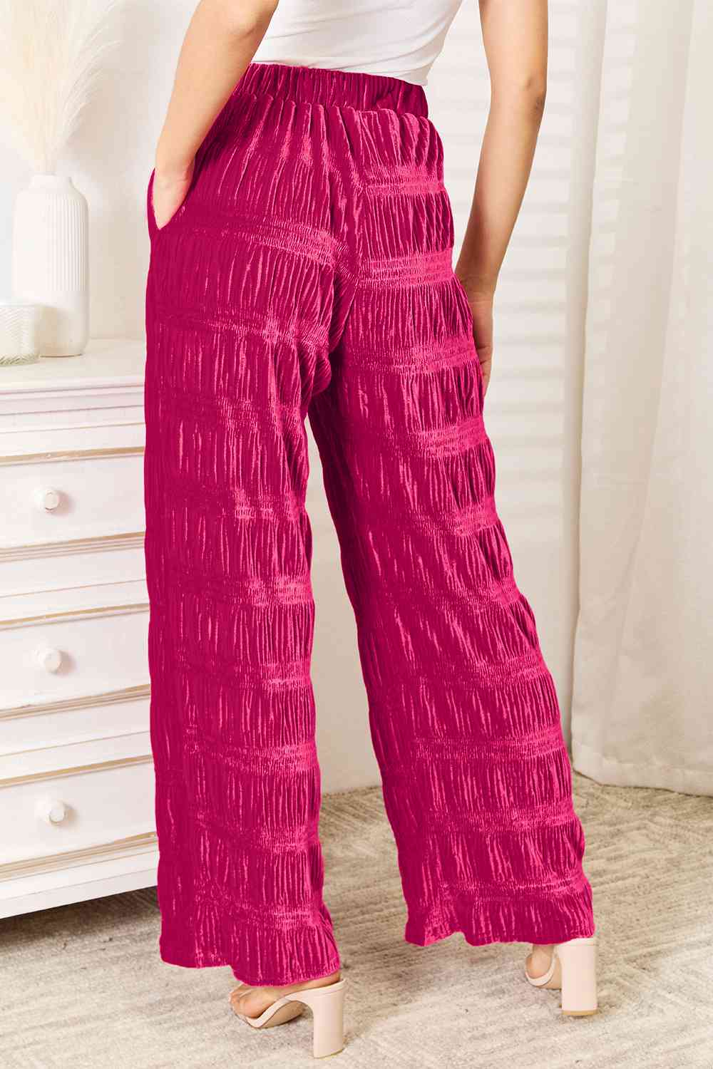 Double Take Full Size High Waist Tiered Shirring Velvet Wide Leg Pants king-general-store-5710.myshopify.com