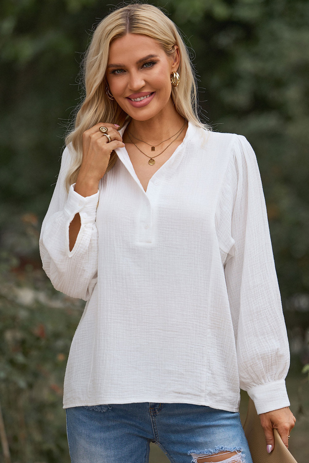 Half Button Puff Sleeve Blouse king-general-store-5710.myshopify.com