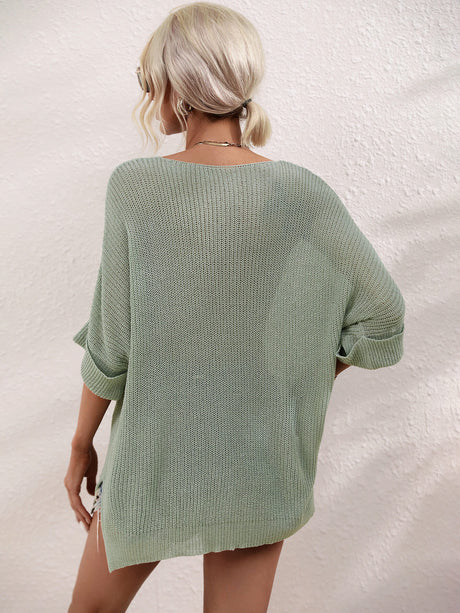 Boat Neck Cuffed Sleeve Slit Tunic Knit Top king-general-store-5710.myshopify.com