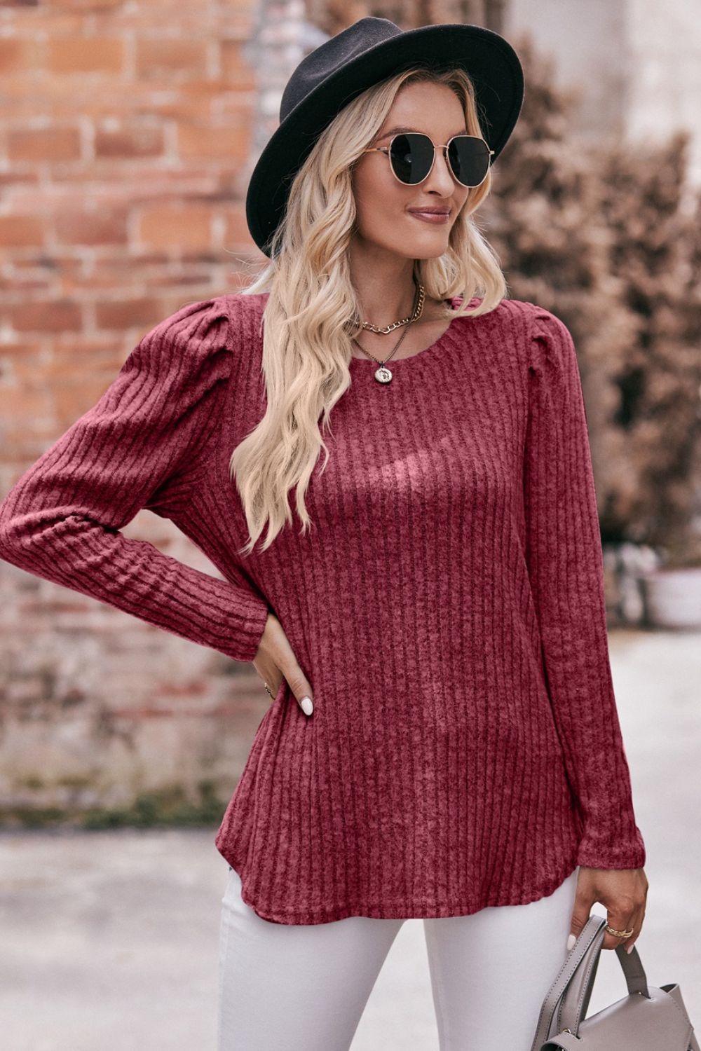 Round Neck Puff Sleeve Ribbed Top king-general-store-5710.myshopify.com