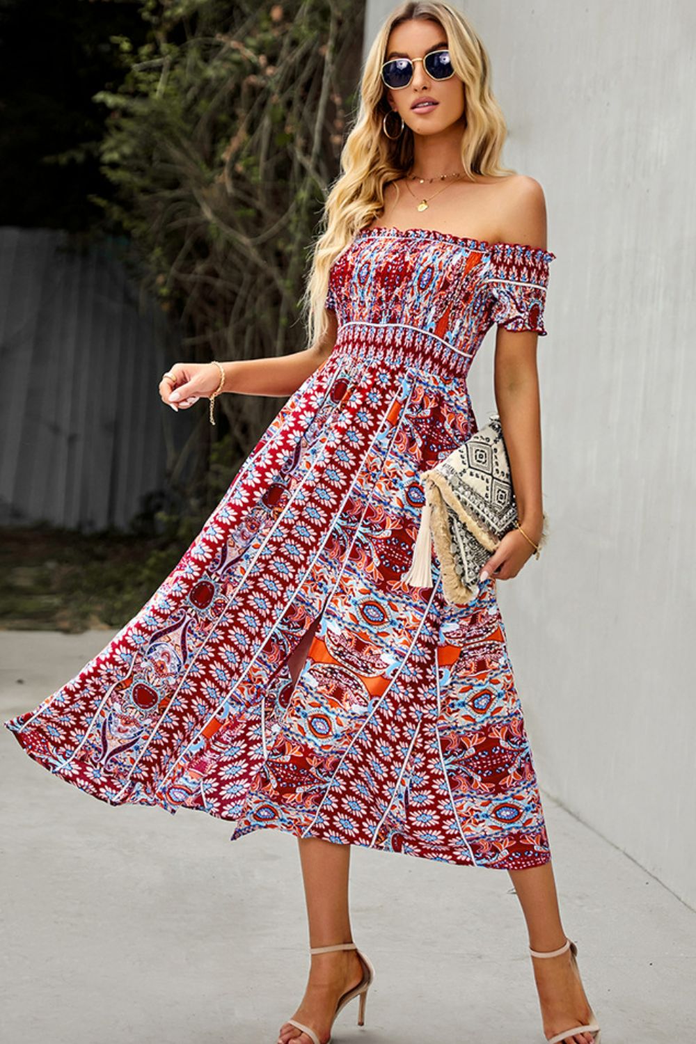 Bohemian Off-Shoulder Frill Trim Split Dress king-general-store-5710.myshopify.com