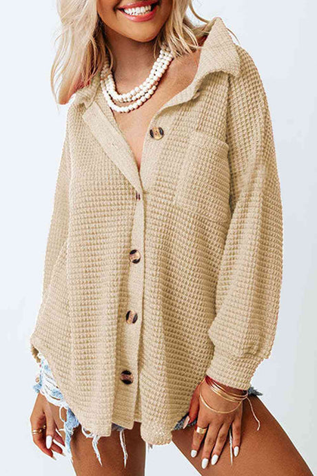 Waffle-Knit Button Up Long Sleeve Shirt with Pocket king-general-store-5710.myshopify.com