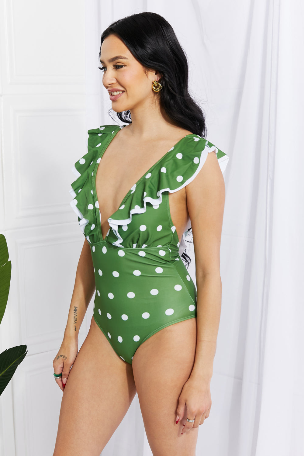 Marina West Swim Moonlit Dip Ruffle Plunge Swimsuit in Mid Green king-general-store-5710.myshopify.com