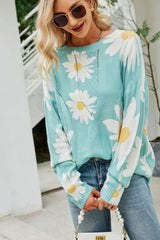 Daisy Print Openwork Round Neck Sweater king-general-store-5710.myshopify.com