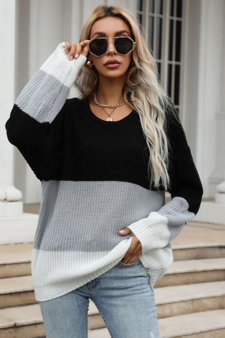 Color Block Long Sleeve Chunky Knit Sweater king-general-store-5710.myshopify.com