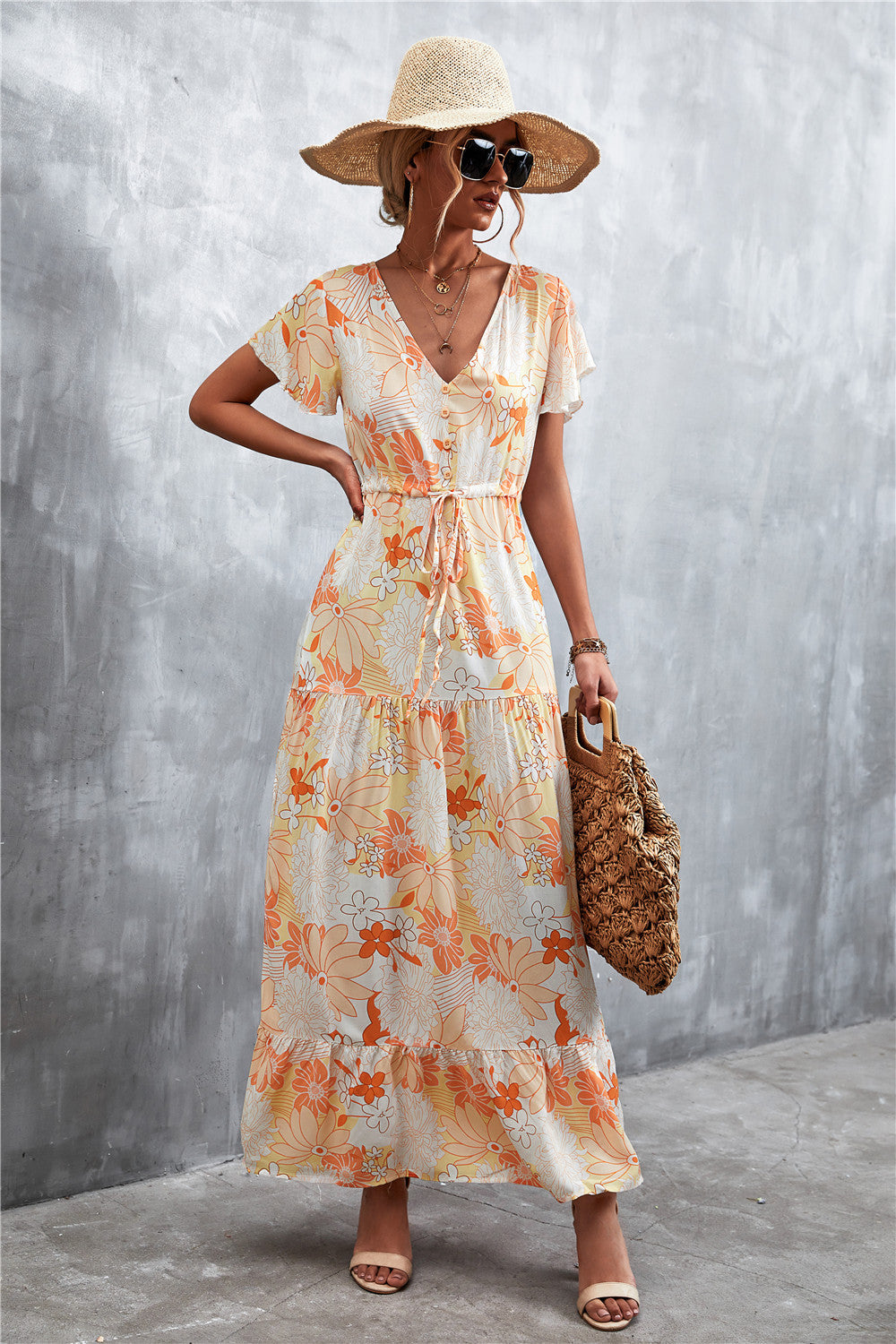 Floral Buttoned Drawstring Waist Tiered Dress king-general-store-5710.myshopify.com