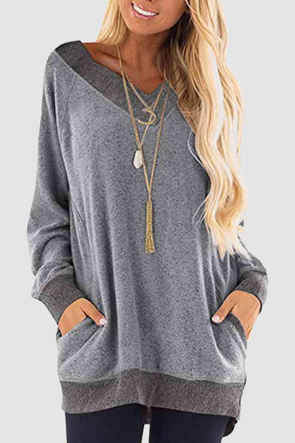 V-Neck Long Sleeve Sweatshirt with Pockets king-general-store-5710.myshopify.com