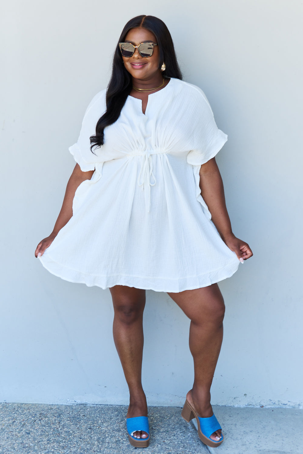 Ninexis Out Of Time Full Size Ruffle Hem Dress with Drawstring Waistband in White king-general-store-5710.myshopify.com