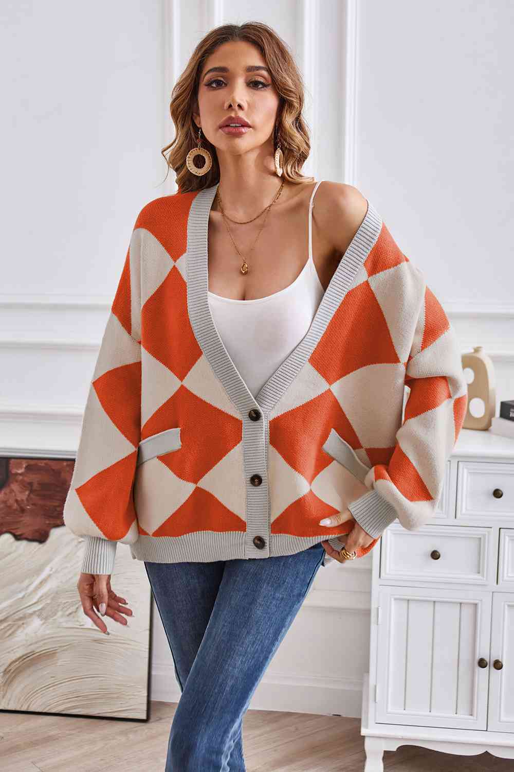 Geometric Lantern Sleeve Cardigan with Pockets king-general-store-5710.myshopify.com