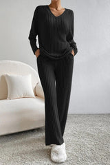 Ribbed V-Neck Top and Pants Set king-general-store-5710.myshopify.com