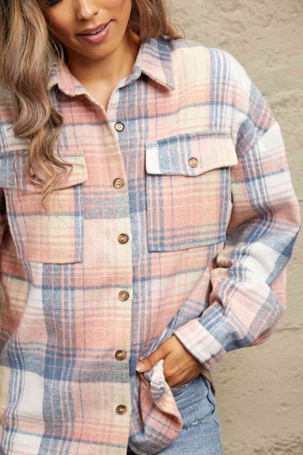 Double Take Plaid Dropped Shoulder Shacket king-general-store-5710.myshopify.com