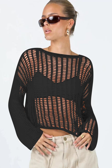 Openwork Boat Neck Long Sleeve Cover Up king-general-store-5710.myshopify.com