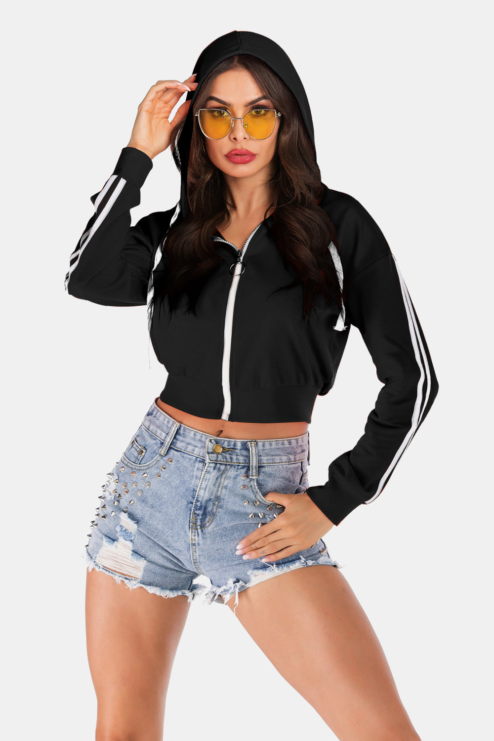 Side Stripe Drawstring Cropped Hooded Jacket king-general-store-5710.myshopify.com