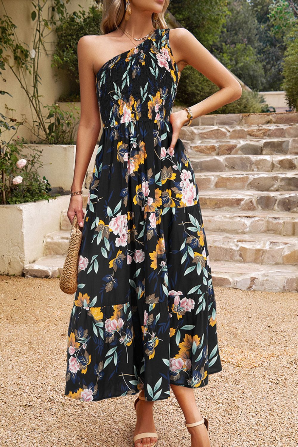 Floral One-Shoulder Sleeveless Dress with Pockets king-general-store-5710.myshopify.com