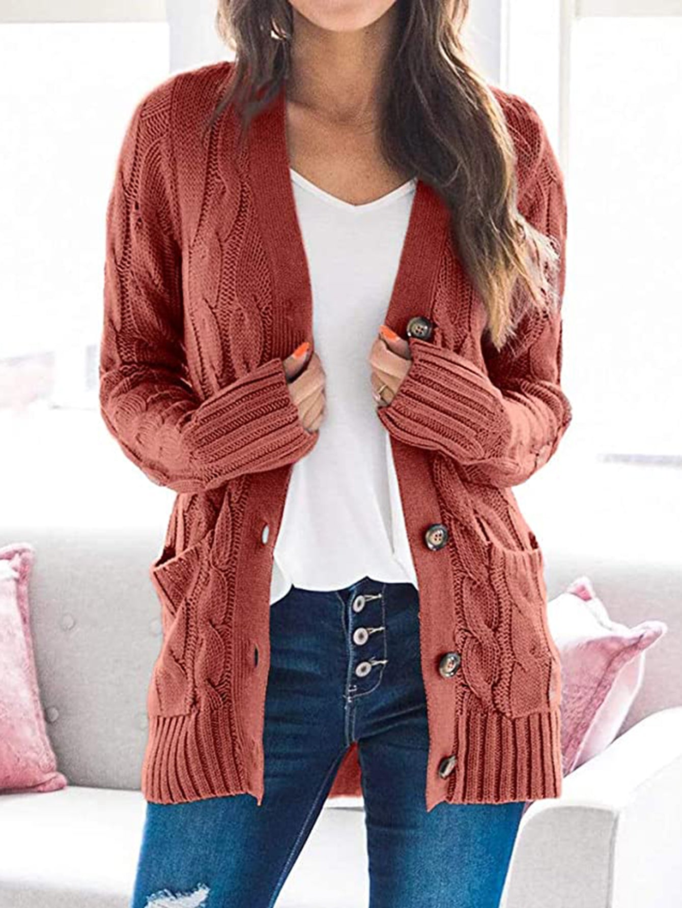 Cable-Knit Buttoned Cardigan with Pockets king-general-store-5710.myshopify.com