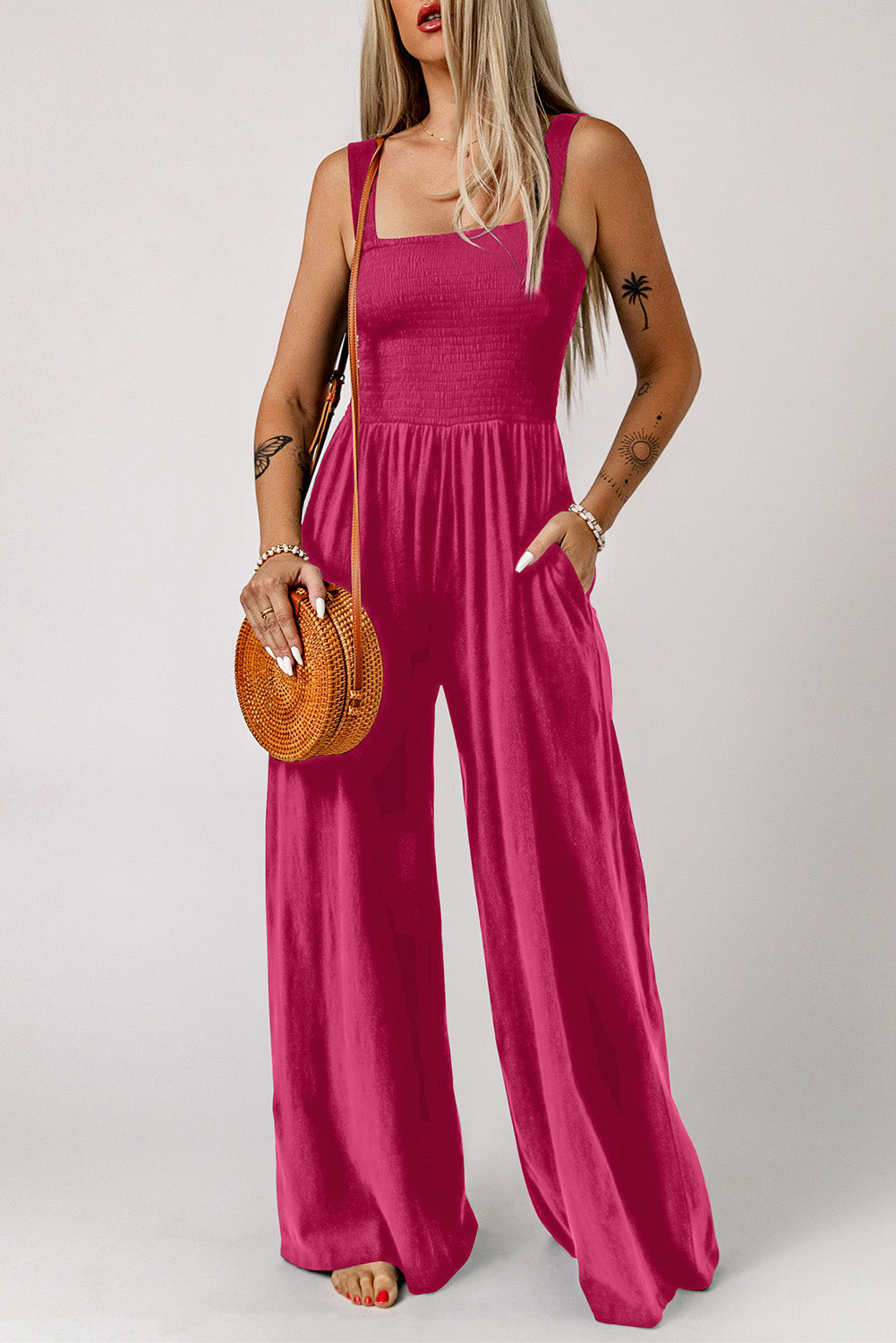 Smocked Square Neck Wide Leg Jumpsuit with Pockets king-general-store-5710.myshopify.com