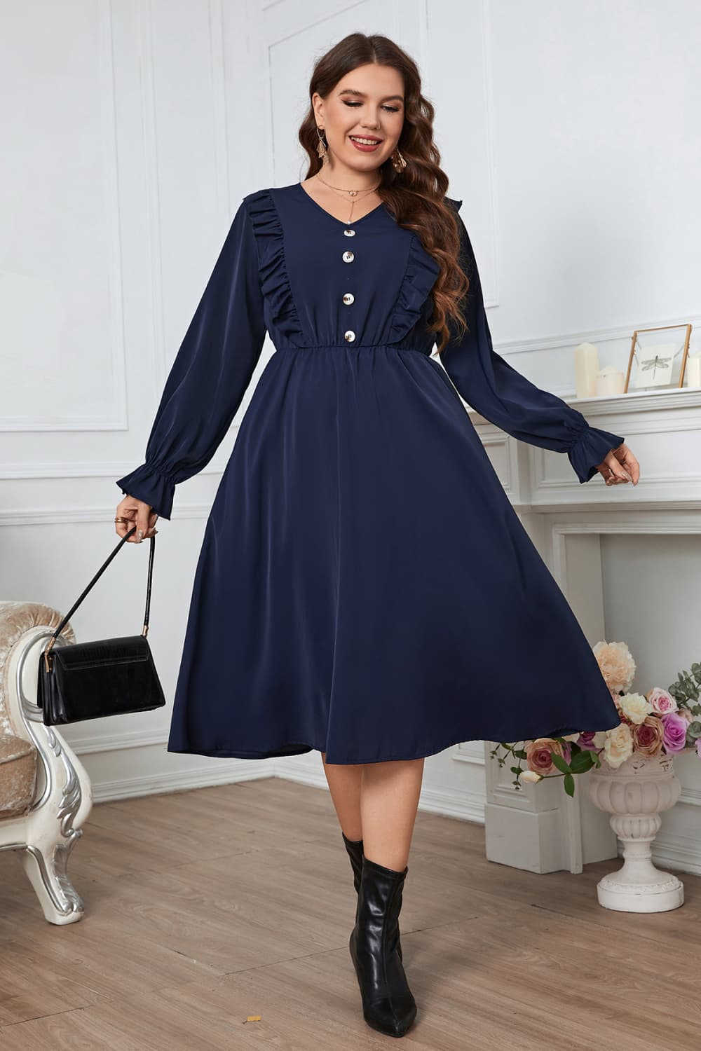 Plus Size V-Neck Buttoned Flounce Sleeve Dress king-general-store-5710.myshopify.com