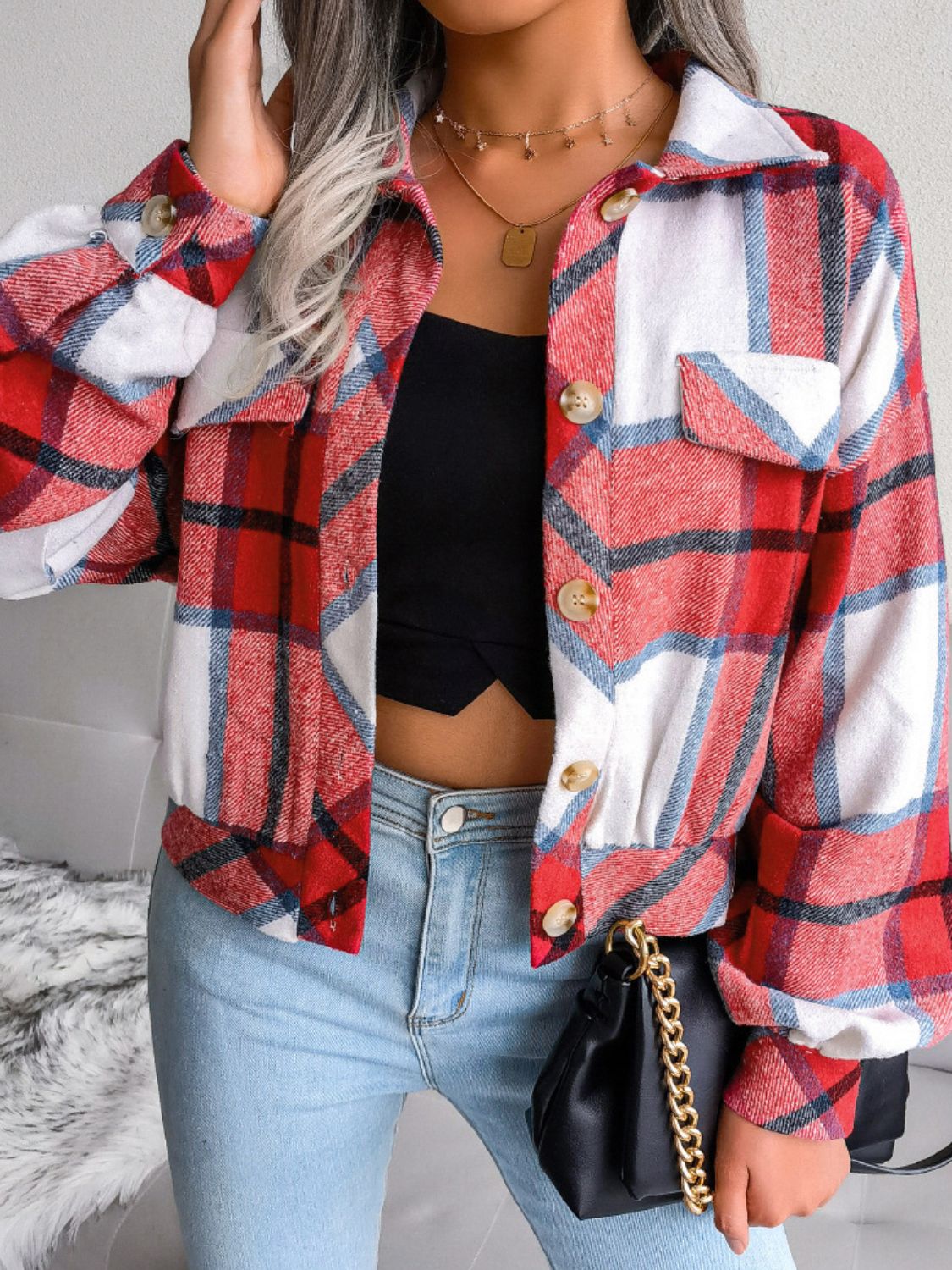 Plaid Collared Neck Drop Shoulder Jacket king-general-store-5710.myshopify.com