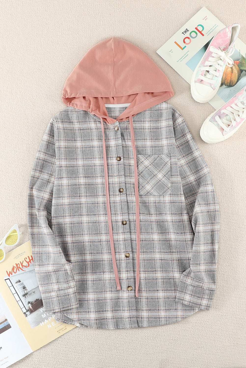 Plaid Drawstring Hooded Shirt Jacket king-general-store-5710.myshopify.com