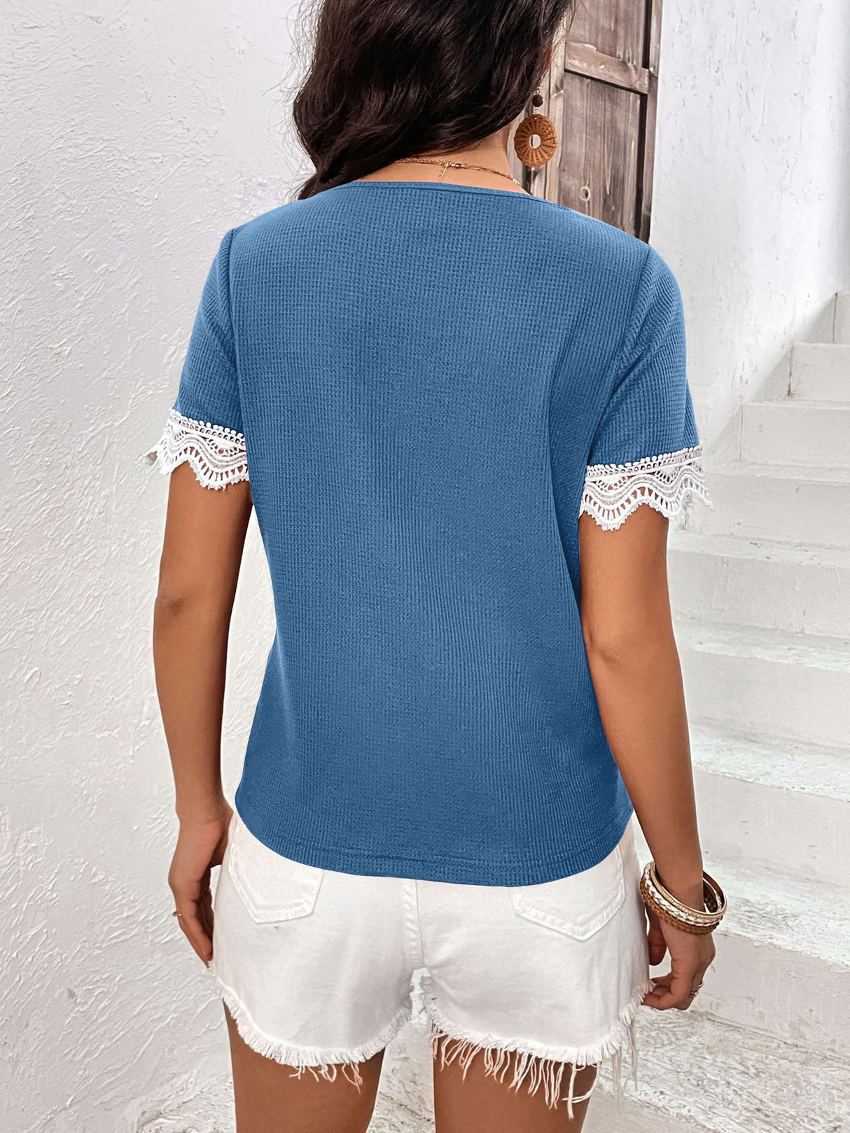 Decorative Button Spliced Lace Short Sleeve Top king-general-store-5710.myshopify.com