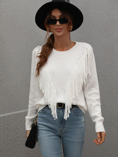 Double Take Fringe Detail Ribbed Trim Sweater king-general-store-5710.myshopify.com