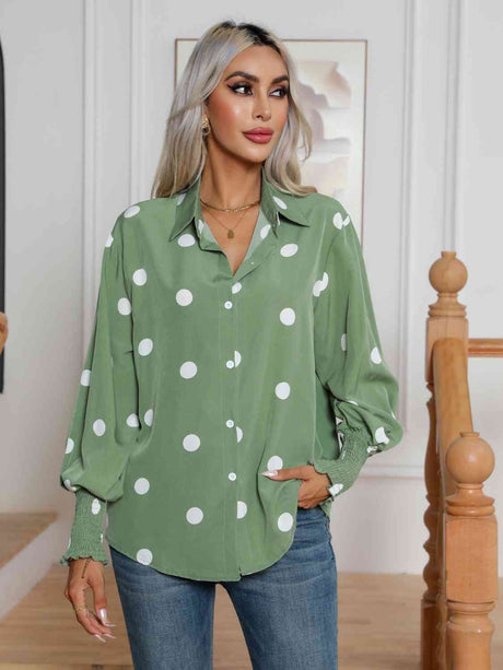 Polka Dot Collared Neck Buttoned Lantern Sleeve Shirt king-general-store-5710.myshopify.com