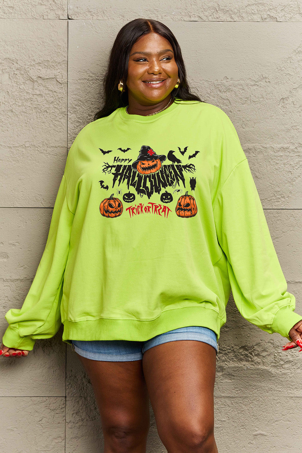 Simply Love Full Size HAPPY HALLOWEEN TRICK OR TREAT Graphic Sweatshirt king-general-store-5710.myshopify.com