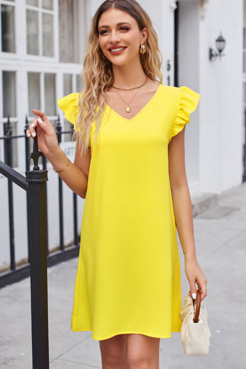 Ruffled V-Neck Flutter Sleeve Dress king-general-store-5710.myshopify.com