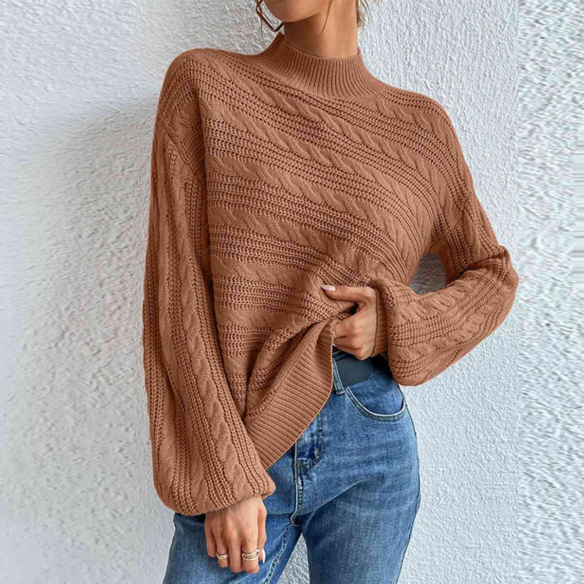 Cable-Knit Mock Neck  Long Sleeve Sweater king-general-store-5710.myshopify.com