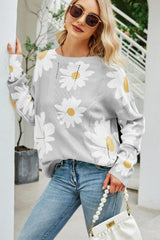 Daisy Print Openwork Round Neck Sweater king-general-store-5710.myshopify.com