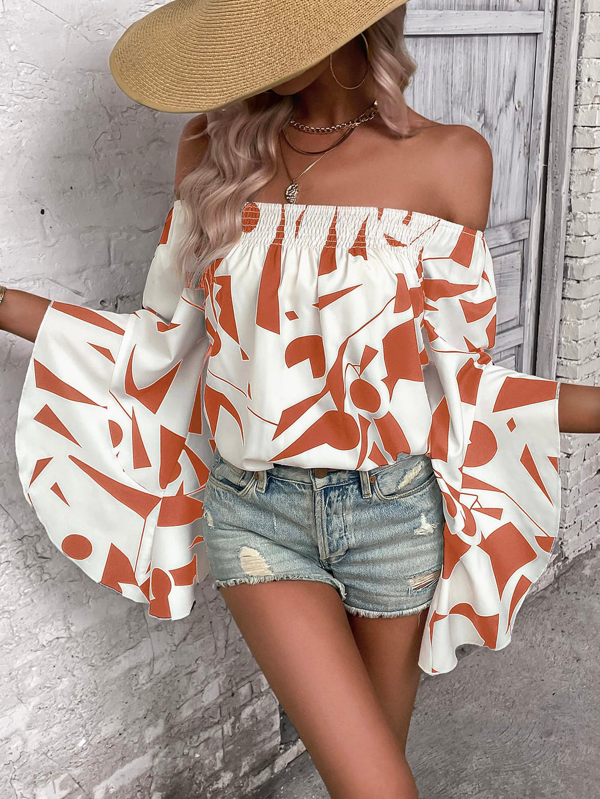 Printed Off-Shoulder Bell Sleeve Blouse king-general-store-5710.myshopify.com