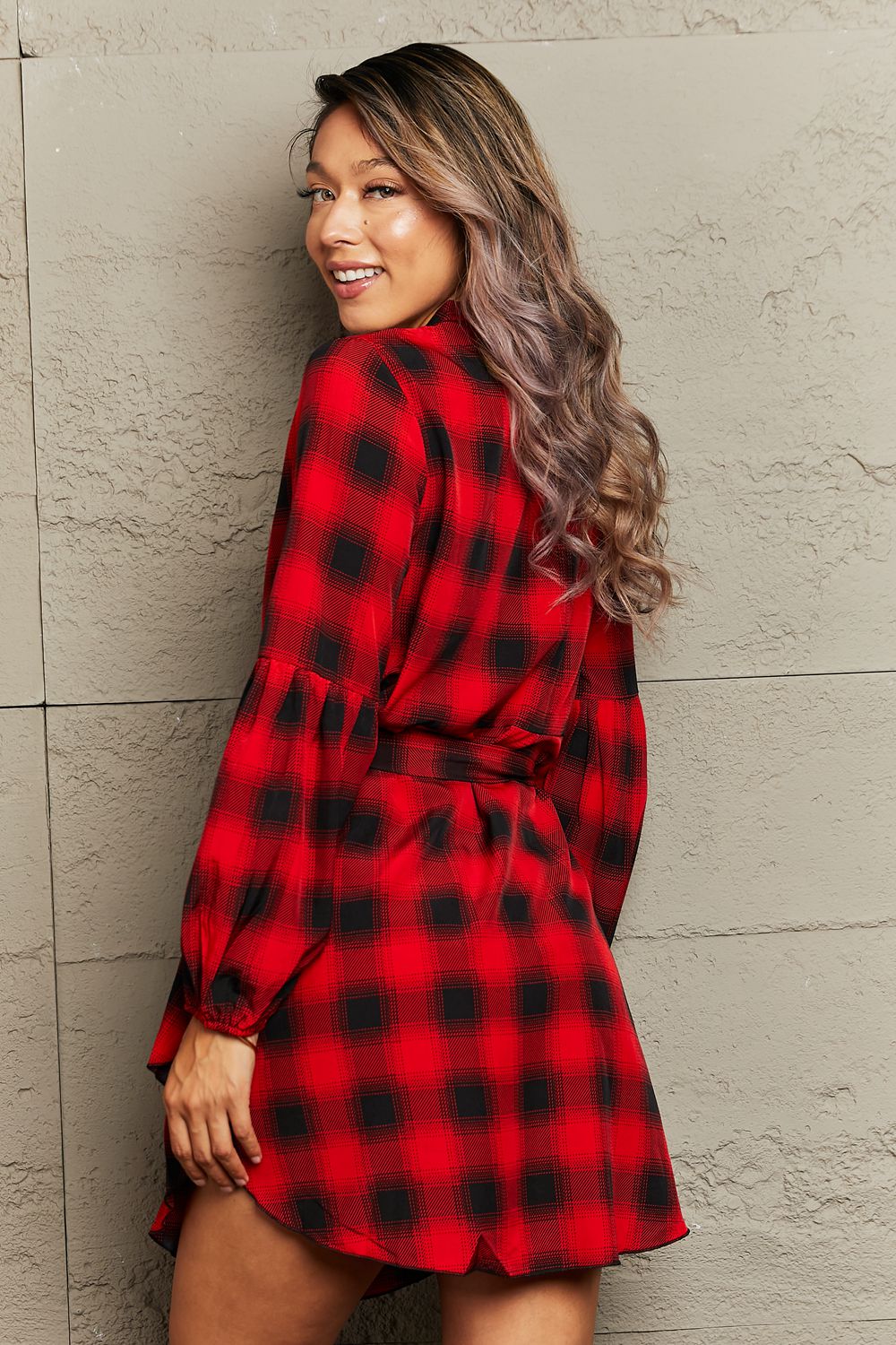 Plaid Tie Waist Balloon Sleeve Mini Dress king-general-store-5710.myshopify.com