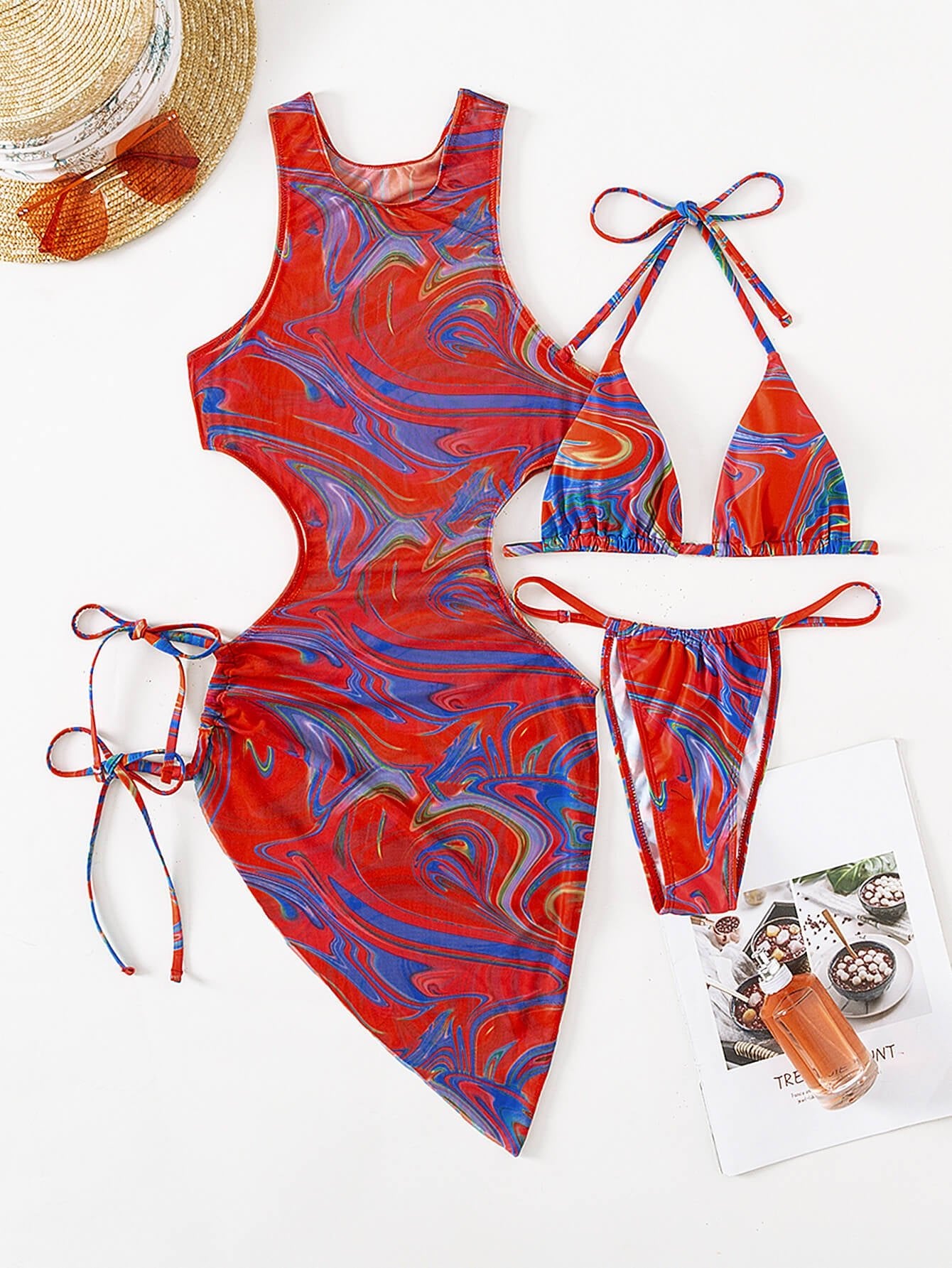 Abstract Print Tied Three-Piece Swimsuit - Kings Crown Jewel Boutique