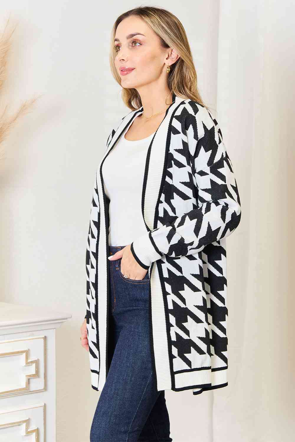 Woven Right Houndstooth Open Front Longline Cardigan king-general-store-5710.myshopify.com