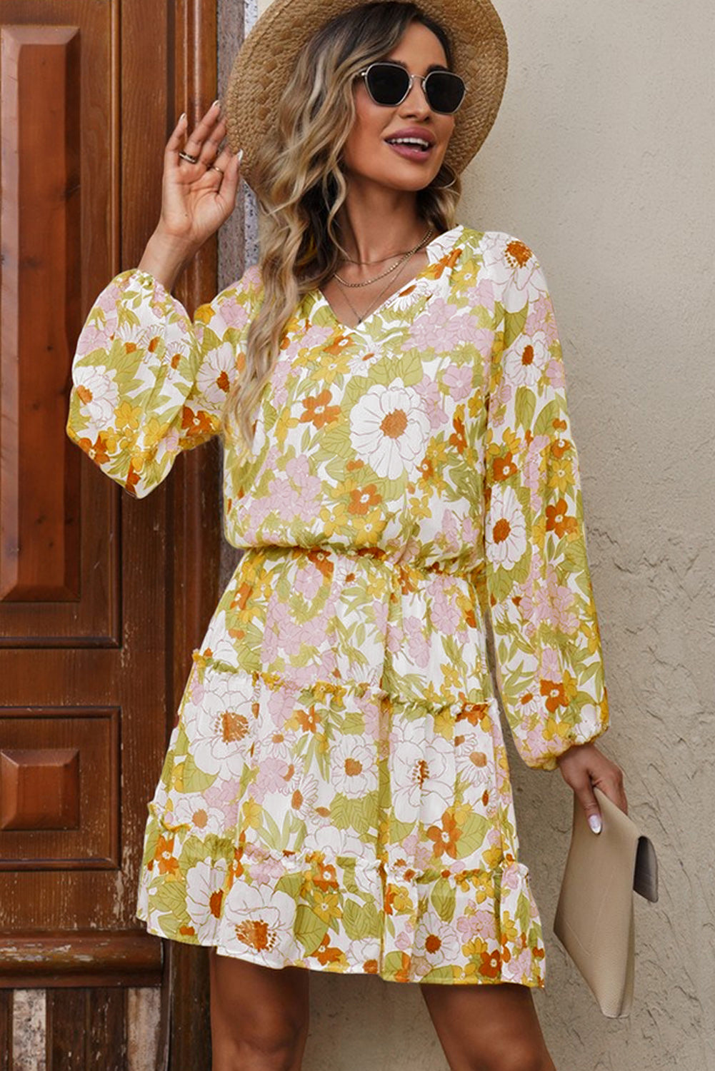 Floral Frill Trim Puff Sleeve Notched Neck Dress king-general-store-5710.myshopify.com