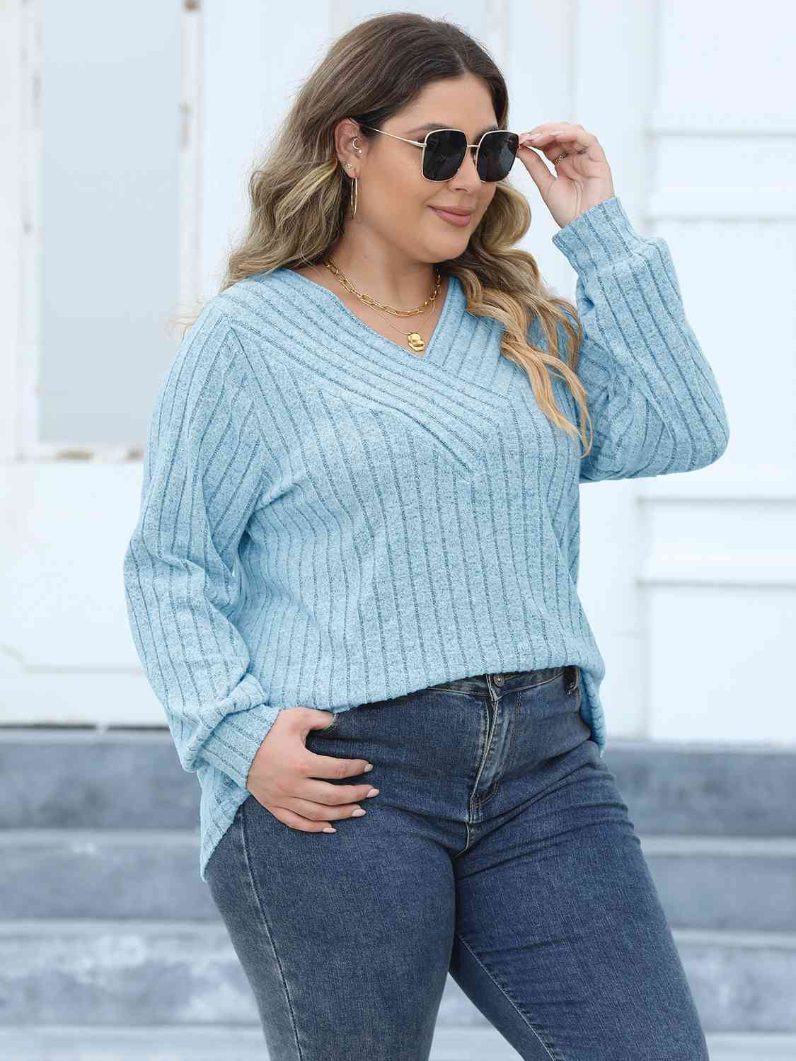 Plus Size Ribbed V-Neck Long Sleeve Top king-general-store-5710.myshopify.com