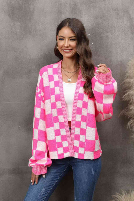 Checkered Open Front Drop Shoulder Cardigan king-general-store-5710.myshopify.com