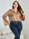 Plus Size Checkered Johnny Collar Flare Sleeve Shirt king-general-store-5710.myshopify.com