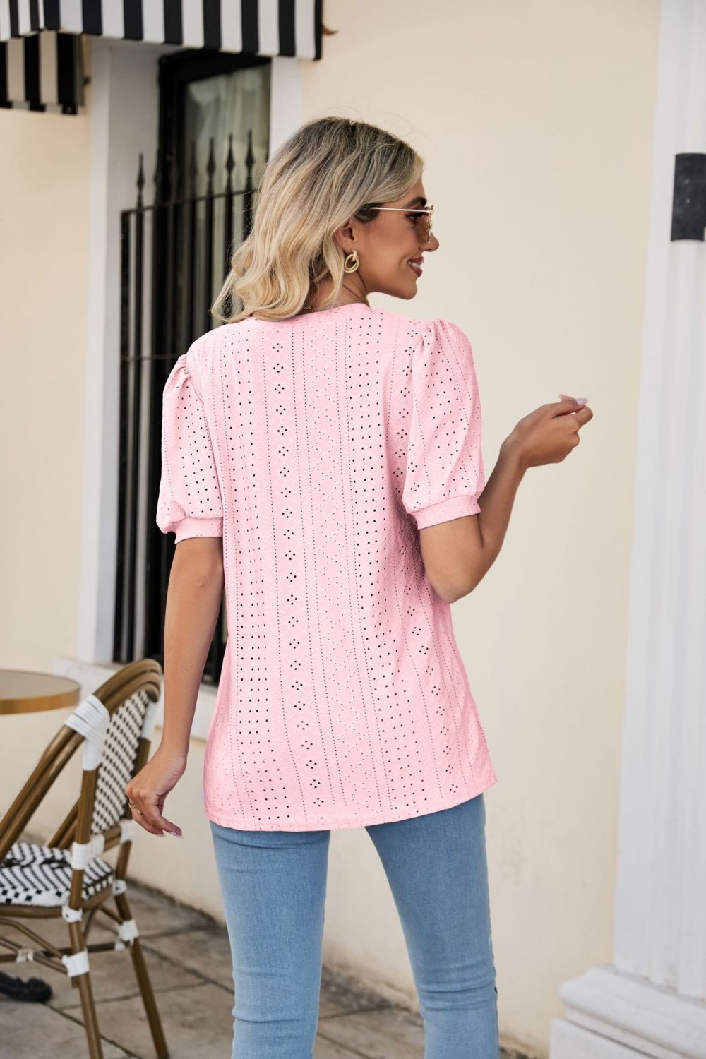 Eyelet Puff Sleeve V-Neck Top king-general-store-5710.myshopify.com