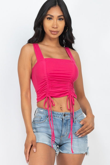 Adjustable Front Ruched With String Square Neck Crop Tops Fuschia - Kings Crown Jewel Boutique